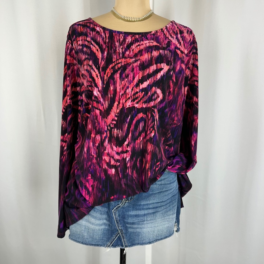 Bob Mackie Top XL Pink Purple Abstract Print‎ Stretch Tunic Long Sleeve